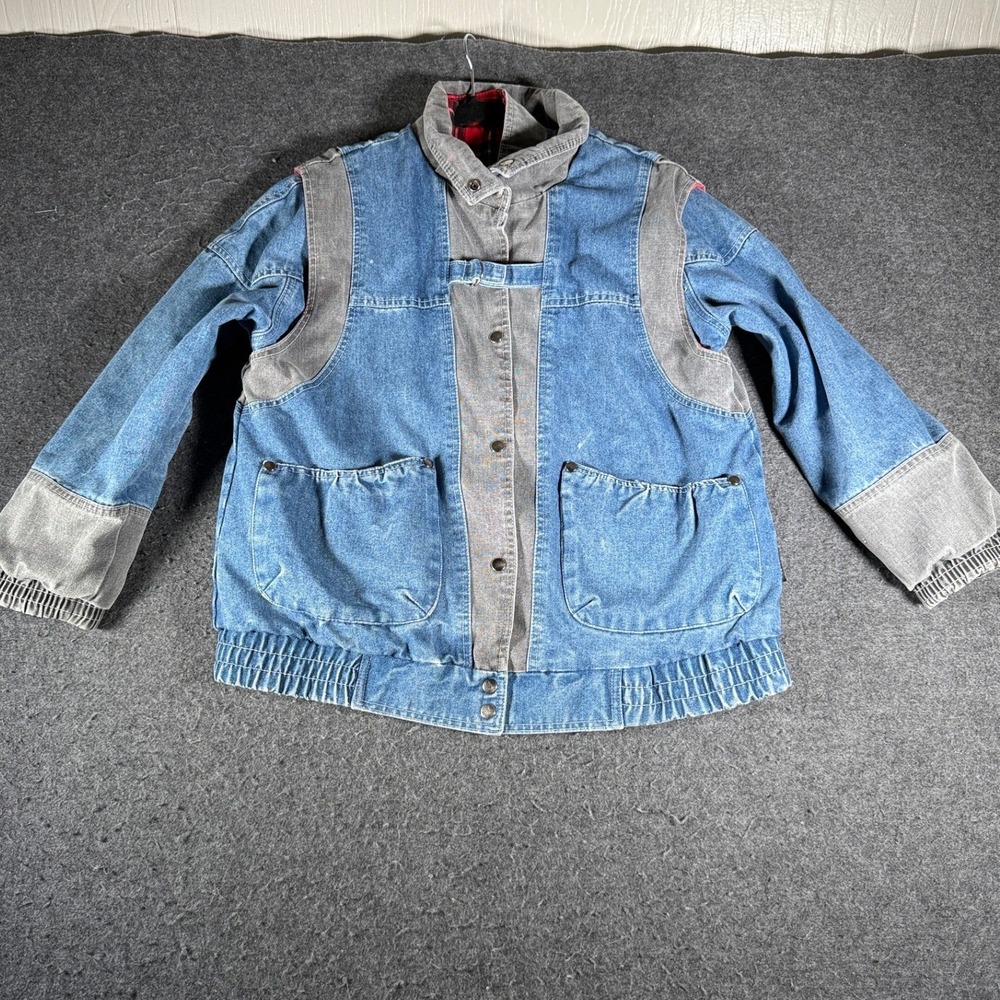 Vintage Izzi Denim Bomber Jacket Blue Grey Colorblock Plaid Flannel Lined Mens M